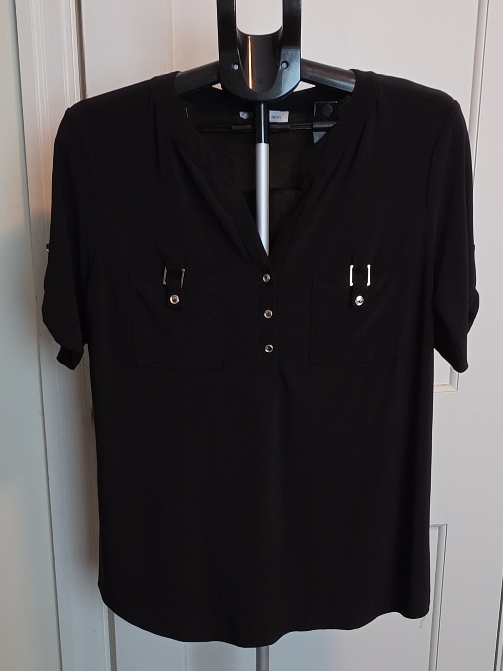 PerSeption Concept Black V-Neck Blouse with Front Pockets